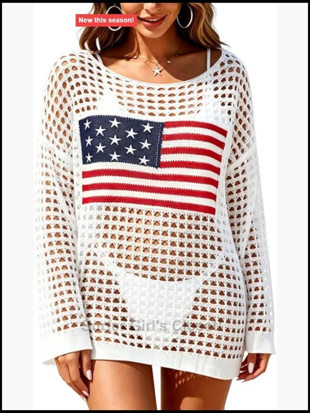 American Flag Swimsuit Cover Up High-Low Hem Long Sleeve Crochet Top